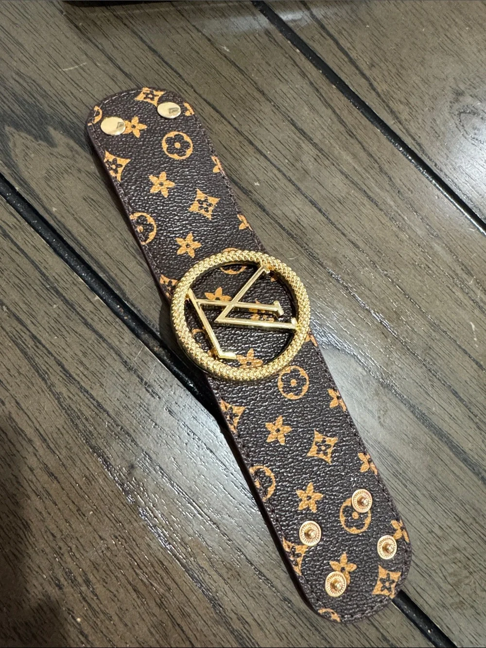 Fashion Jewelry Brown Monogram Belt with Textured Gold Circle Buckle